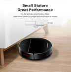 Elarvo M7S Robot Vacuum under a piece of furniture with text highlighting its small stature and performance.