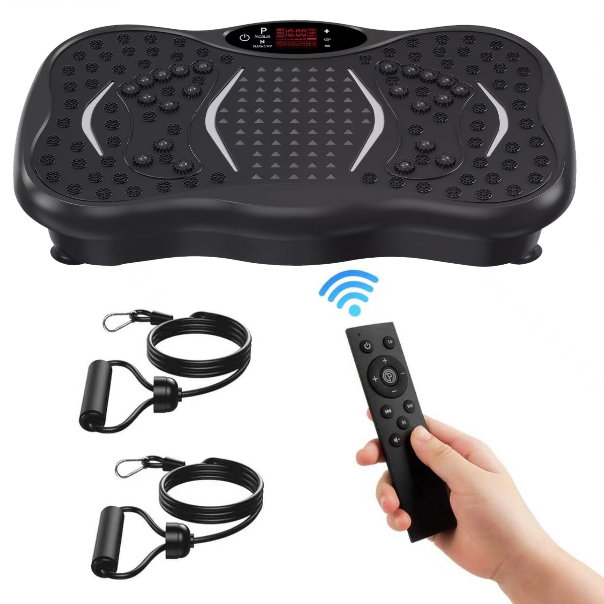 Black Elarvo Vibration Plate with resistance bands and remote control on a white background