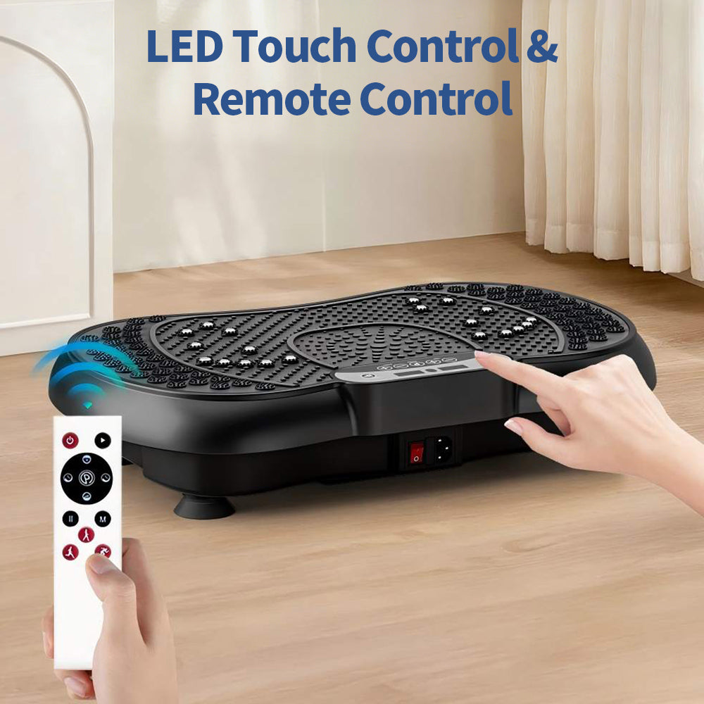 Elarvo Vibration Plate with LED touch control and remote control on a wooden floor.