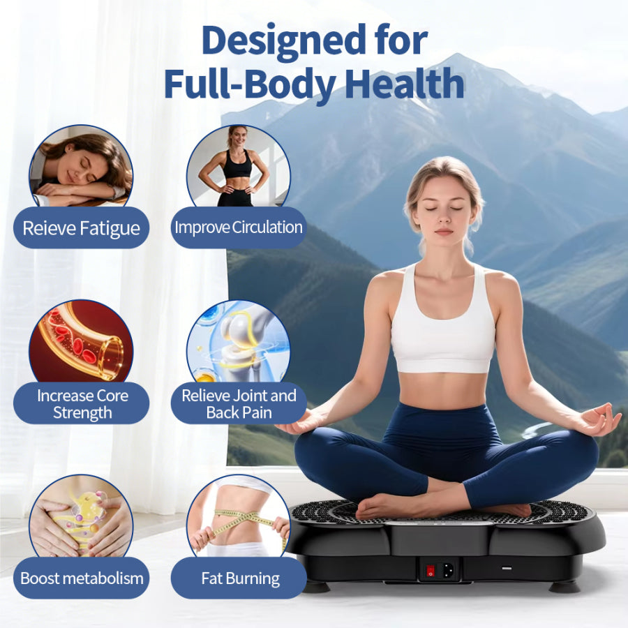 Woman using a Elarvo Vibration Plate with health benefits listed on a scenic background