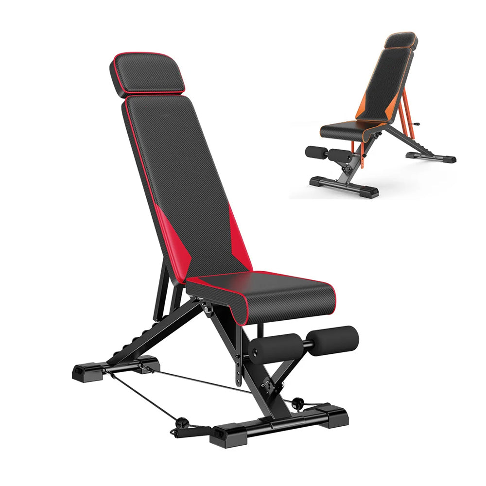 Black and red Elarvo Weight Bench on a white background
