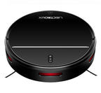 Black Elarvo M7S Robot Vacuum with red accents on a white background
