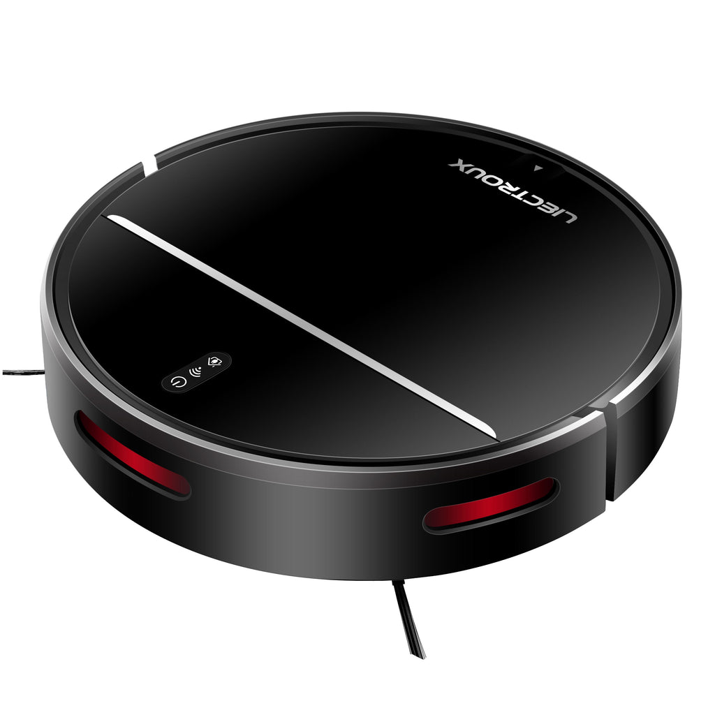 Black Elarvo M7S Robot Vacuum with red lights on a white background
