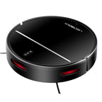 Black Elarvo M7S Robot Vacuum with red lights on a white background