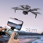 Eonvy Air+ Drone flying over a snowy landscape with a person holding a control device and smartphone displaying the view.