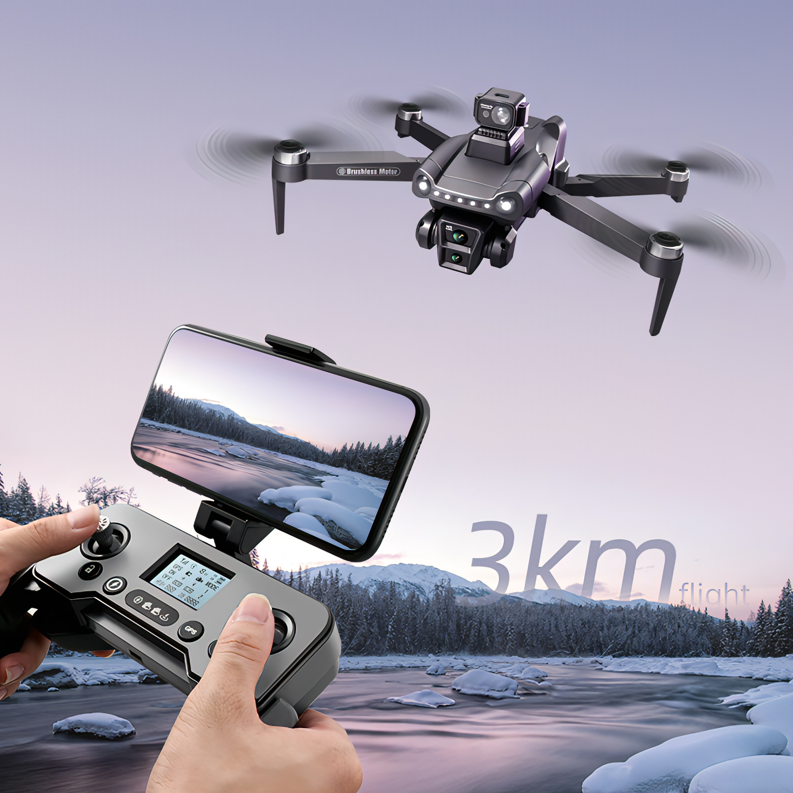 Eonvy Air+ Drone flying over a snowy landscape with a person holding a control device and smartphone displaying the view.