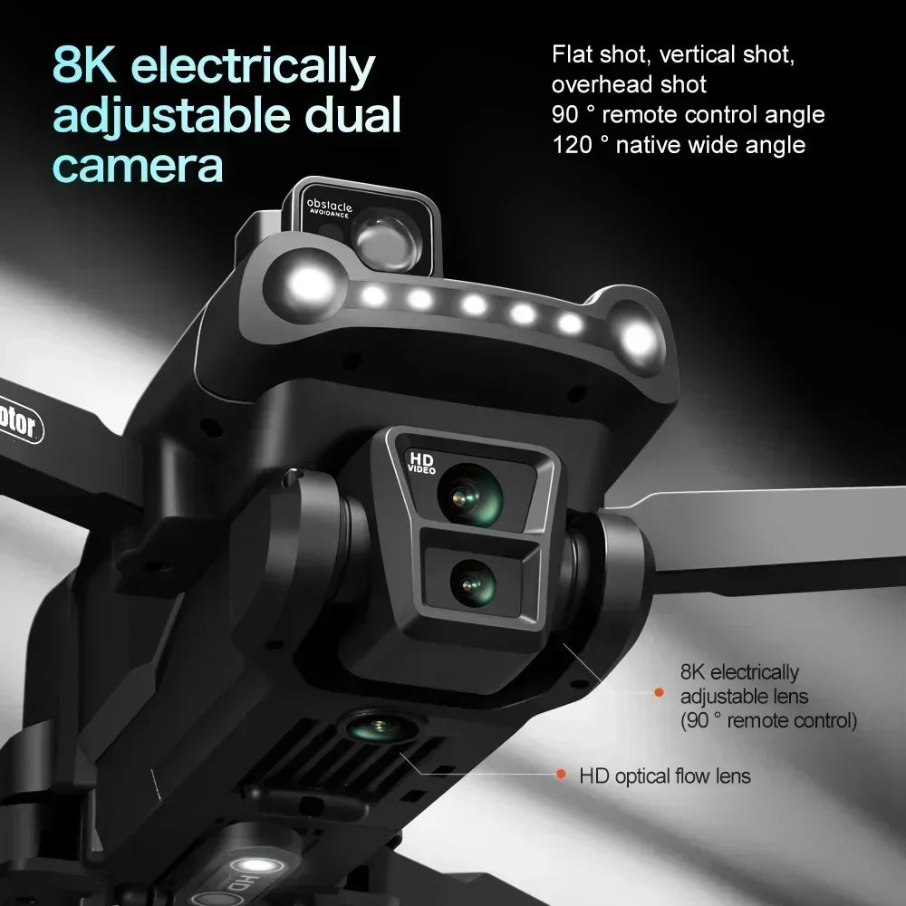 8K electrically adjustable dual camera system with features listed on a dark background