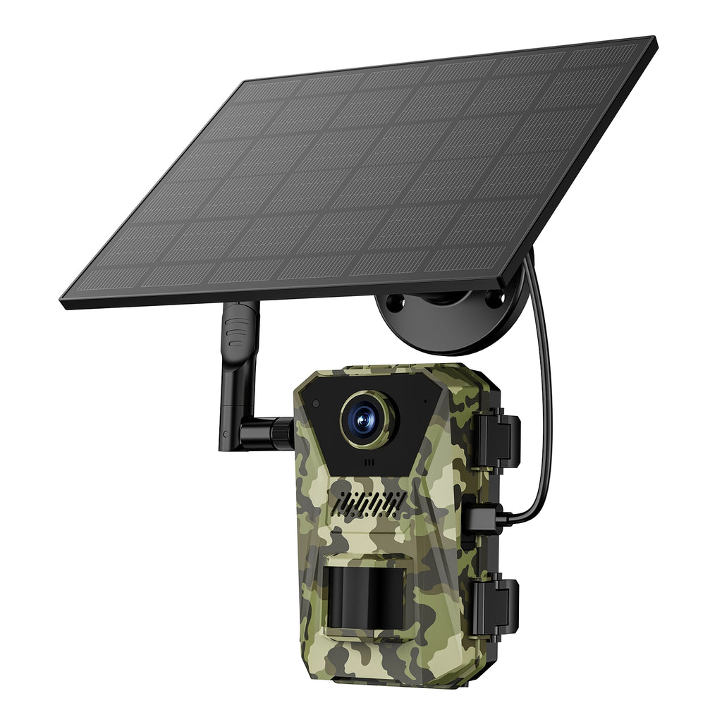 Evoluir Trail Camera with solar panel – wildlife monitoring device with white background
