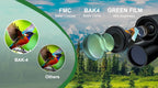 Optical lenses Evoluir Binoculars with FMC, BAK4, and Green Film features against a scenic background.