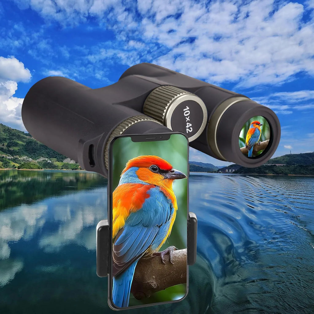 Evoluir Binoculars with smartphone holder showing a bird image against a scenic background