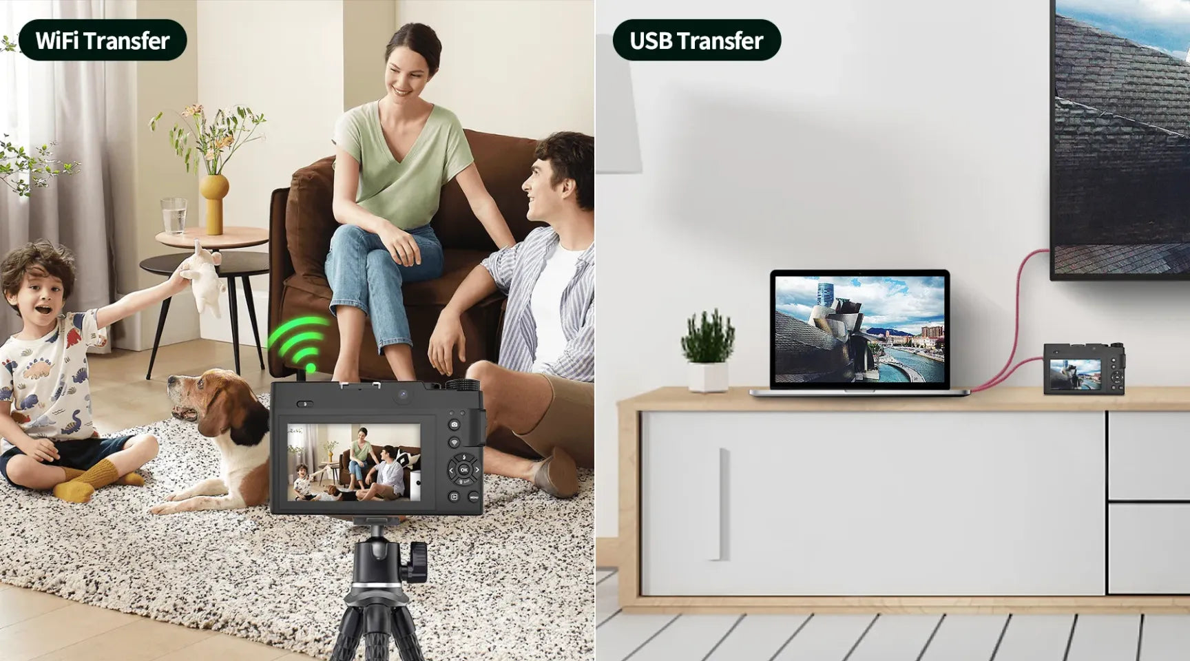 Two scenes showing a Evoluir Digital Camera with Wi-Fi and USB transfer capabilities. One scene shows a family in a living room, and the other shows a TV screen displaying video.