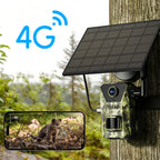 Evoluir Trail Camera with solar panel and smartphone app interface, set against a forest background.