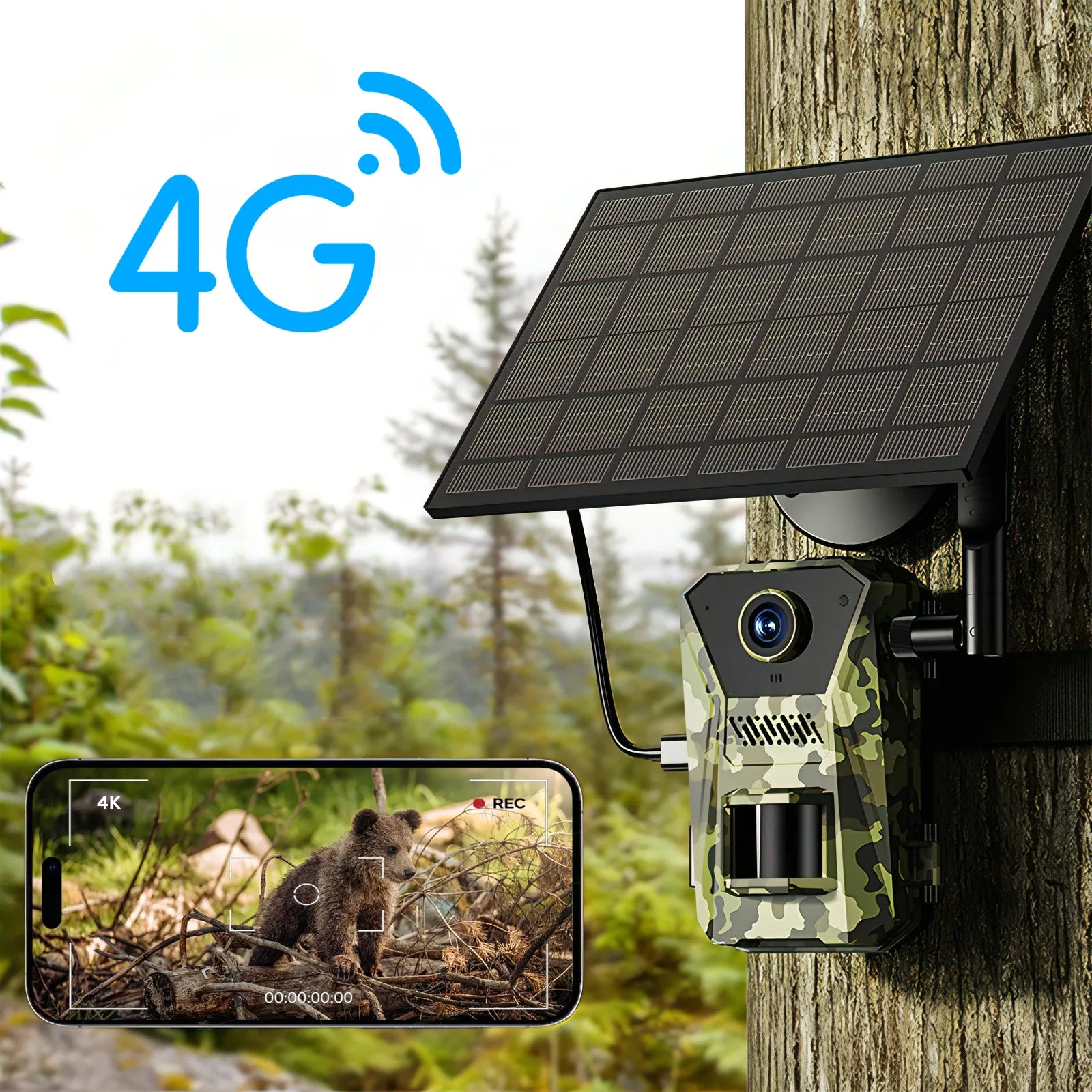 Evoluir Trail Camera with solar panel and smartphone app interface, set against a forest background.