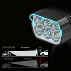 A close-up of a black bicycle headlight with six LED bulbs, shown on a black background with explanatory beam diagrams below illustrating low beam and high beam light patterns.