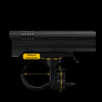 Black mounting clamp accessory with yellow arrows and text indicating 360-degree rotation holder, shown on a solid black background.