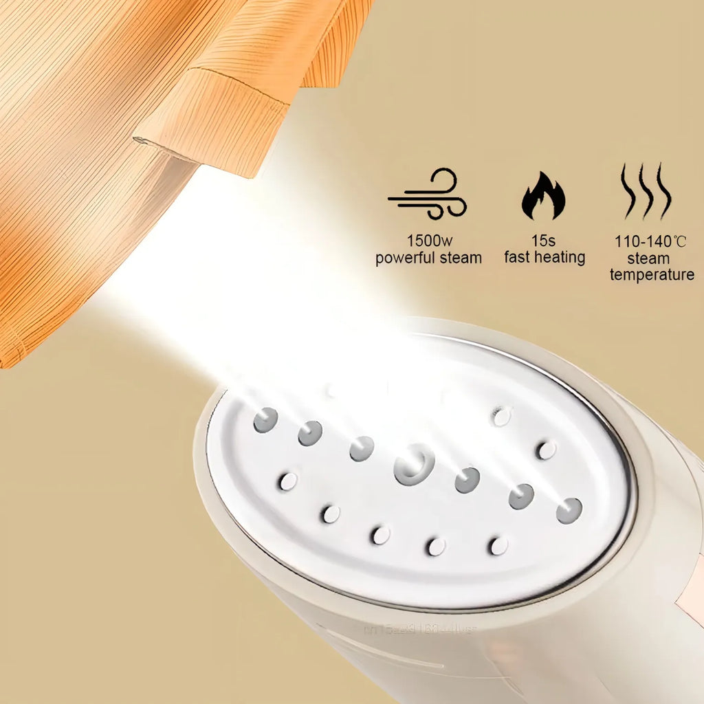 Close-up of a Ezorant Garment Steamer with features highlighted on a beige background
