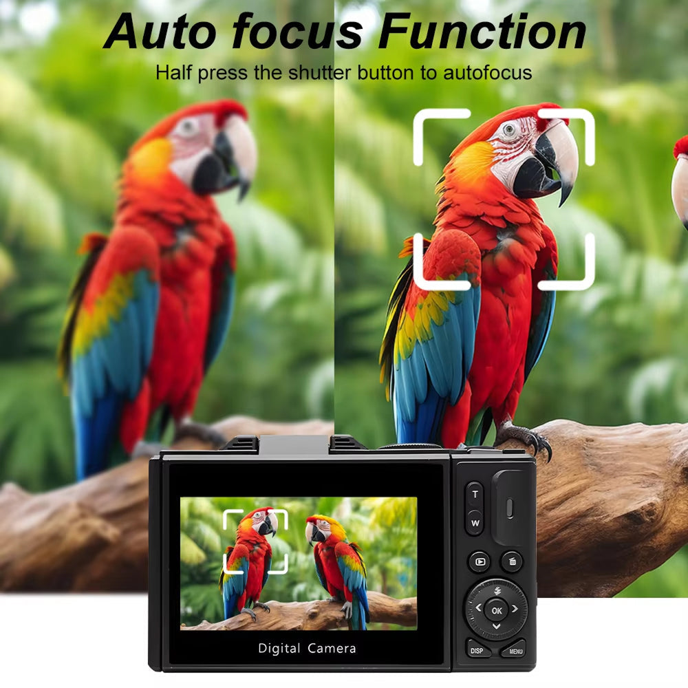 Fotyraz Digital Camera with parrot on a branch, highlighting auto focus feature.