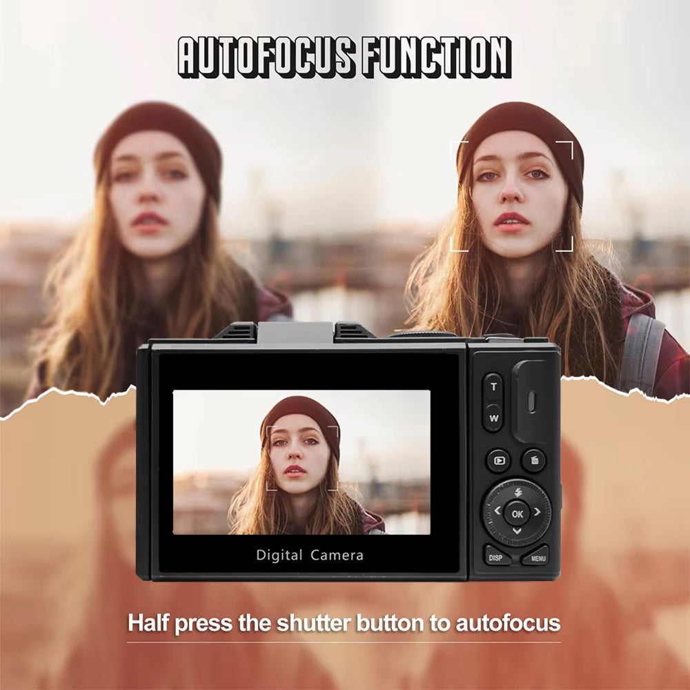 Fotyraz Digital Camera displaying a woman's face with autofocus function text overlay