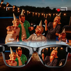 Group of people celebrating outdoors with sparklers, reflected in Fracix AI Smart Glasses.
