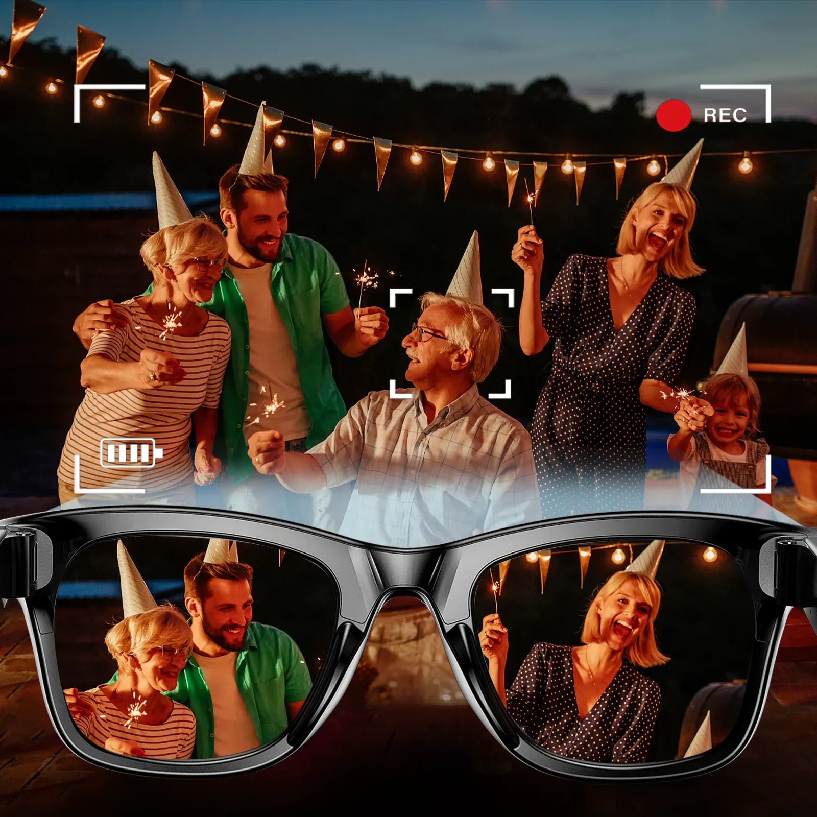Group of people celebrating outdoors with sparklers, reflected in Fracix AI Smart Glasses.