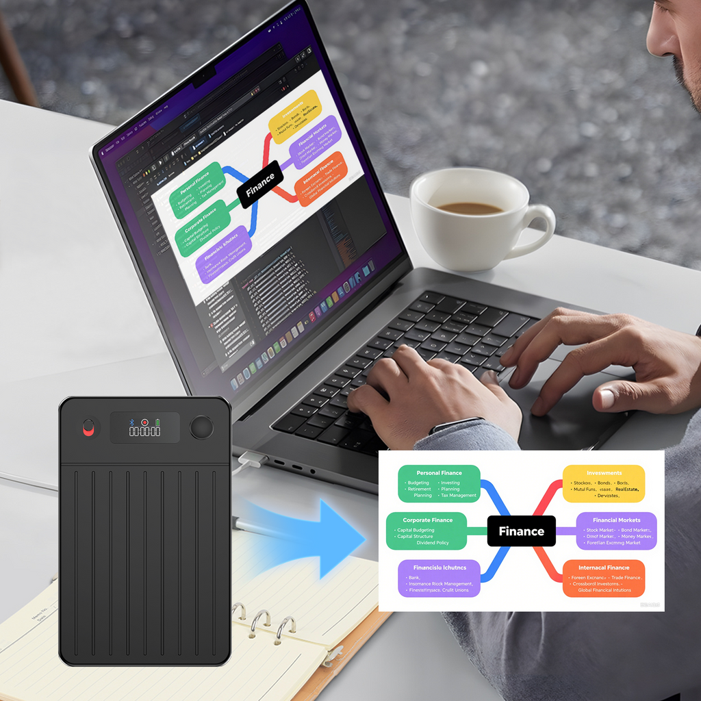 Person using a laptop with a mind map on screen, next to a black Fracix Al Smart Recorder and another mind map graphic.