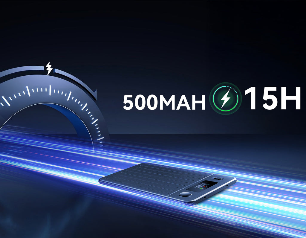 Fracix Al Recorder with charging indicators and battery specifications on a dark background