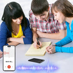 Three people sitting around a table with a smartphone, Fracix Al Smart Recorder, and stylus, indicating a collaborative activity.