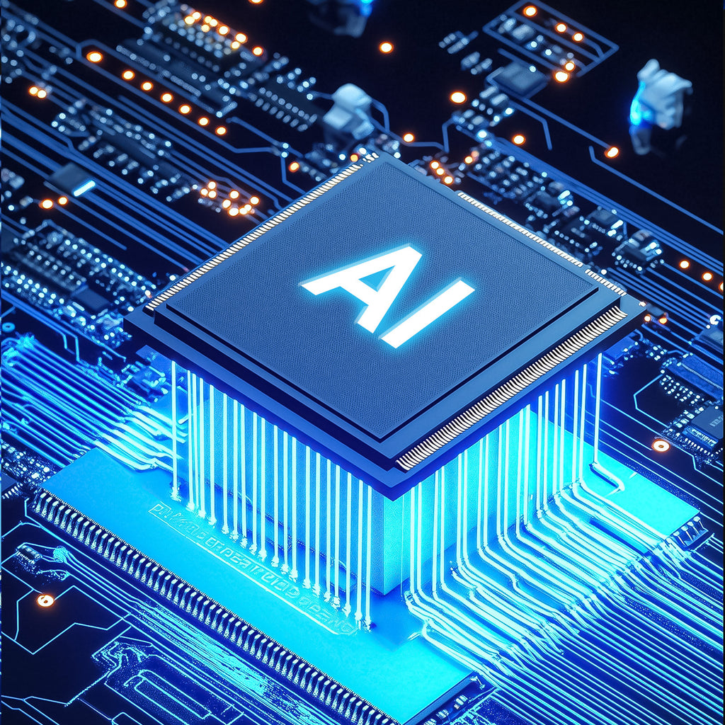 Close-up of an AI chip on a circuit board with blue lighting