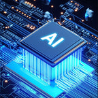 Close-up of an AI chip on a circuit board with blue lighting