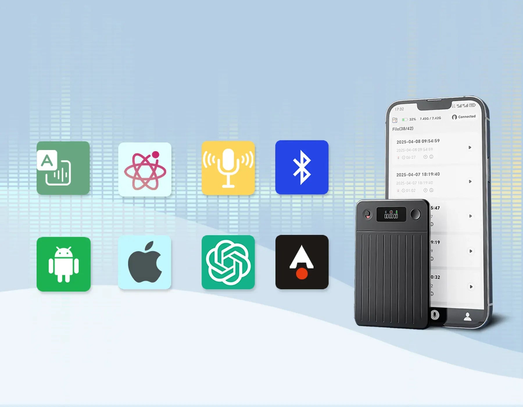 Smartphone next to Fracix Al Smart Voice Recorder with app icons on a blue background