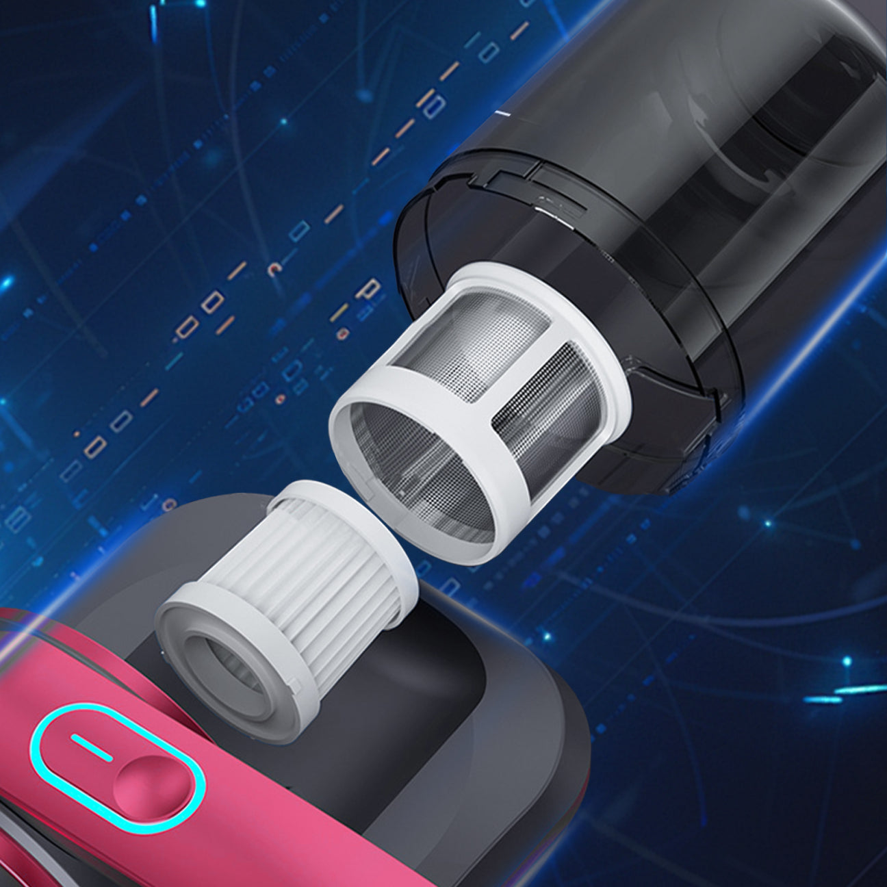Close-up of a black and pink Fracix Mattress Vacuum Cleaner device with two white filters on a blue digital background.