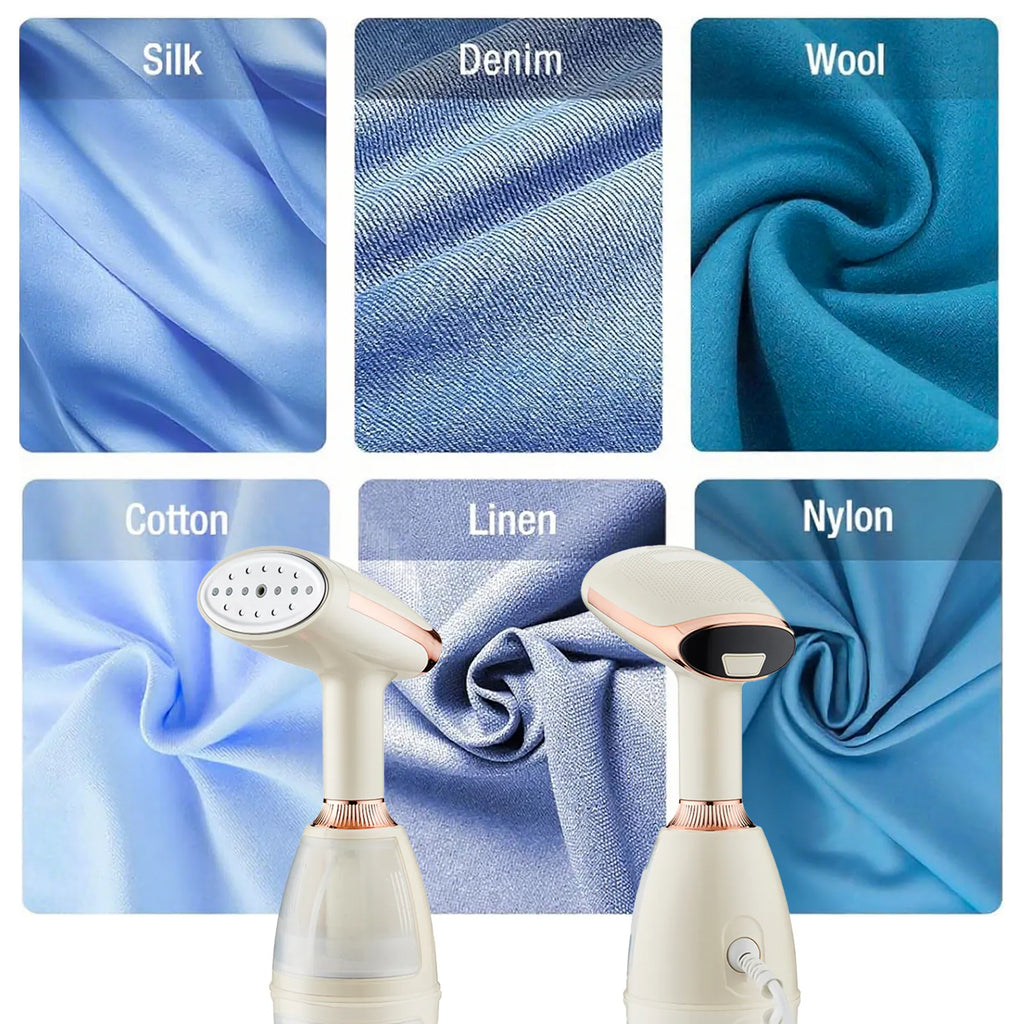 Fabric steamer with images of silk, denim, wool, cotton, linen, and nylon fabrics.