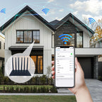 Smart home control with smartphone app displayed, house in the background