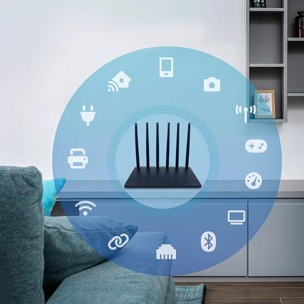 Geekik WiFi Router with connectivity icons in a living room setting