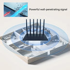 Diagram of a Geekik WiFi Router with antennas and text 'Powerful wall-penetrating signal' on a light gray background.