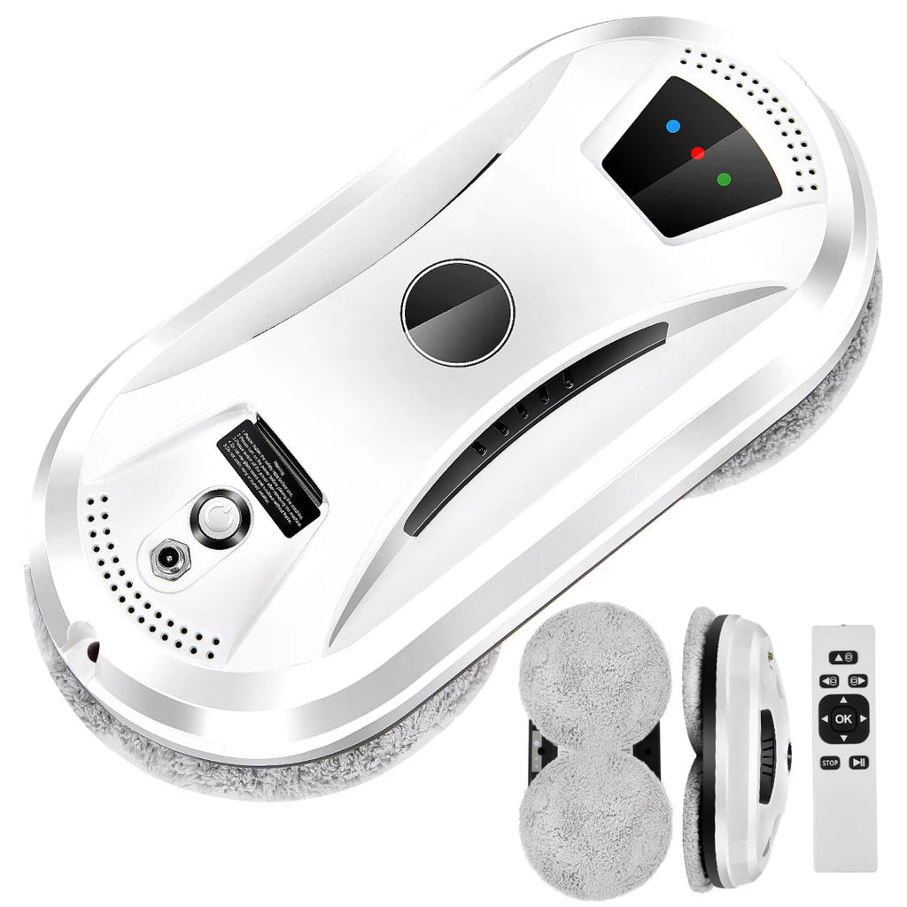 White GlidePex Robot Window Cleaner device with remote control on a white background