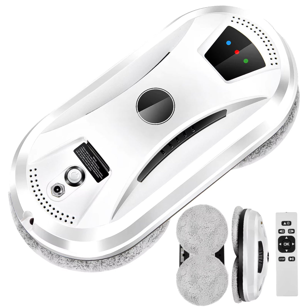 White GlidePex Robot Window Cleaner device with remote control on a white background