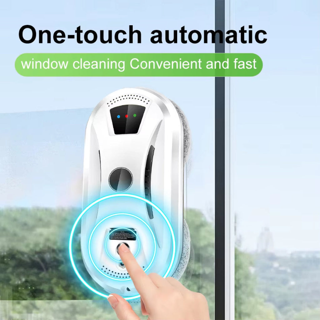 Automated GlidePex Robot Window Cleaner with a hand pressing a button, set against a blurred outdoor background.