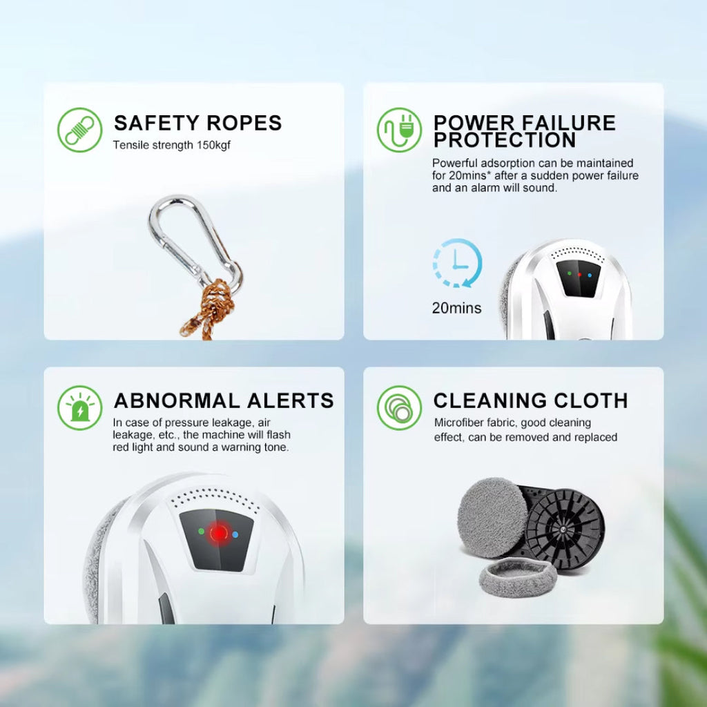 GlidePex Robot Window Cleaner features with safety ropes, power failure protection, abnormal alerts, and cleaning cloth on a blurred background.