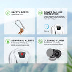 GlidePex Robot Window Cleaner features with safety ropes, power failure protection, abnormal alerts, and cleaning cloth on a blurred background.