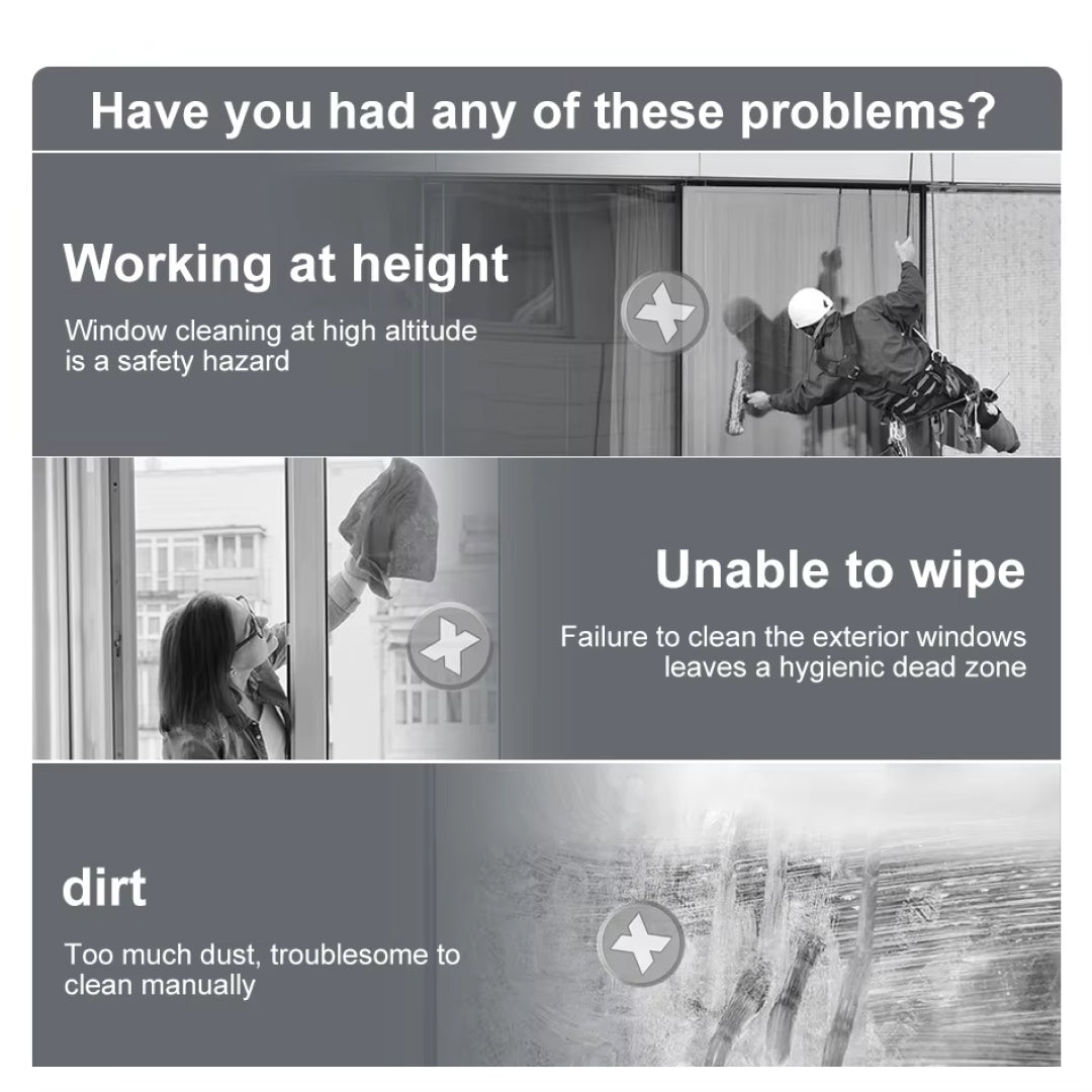 Promotional graphic for GlidePex Robot Window Cleaner with text and images of window cleaners at work.