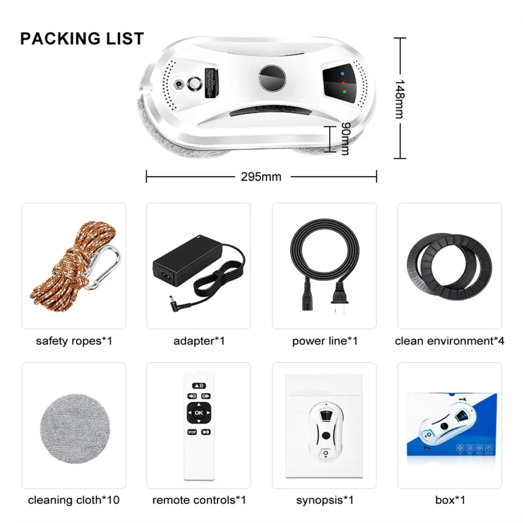 Packing list of a GlidePex Robot Window Cleaner with dimensions and included items.