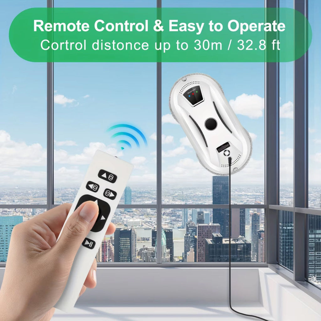 GlidePex Robot Window Cleaner a remote control with a second remote control on a stand against a cityscape background.