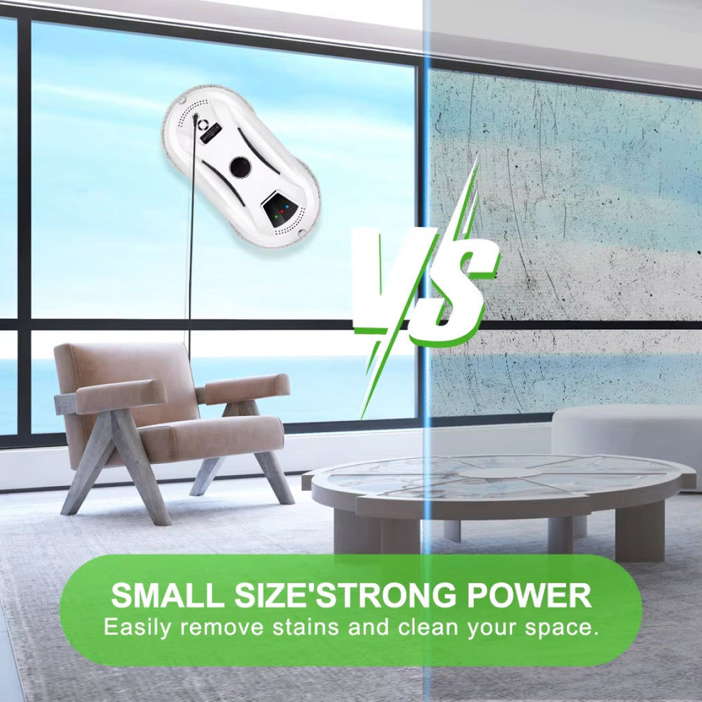 GlidePex Robot Window Cleaner with 'VS' text in a modern room setting, emphasizing small size and strong power.