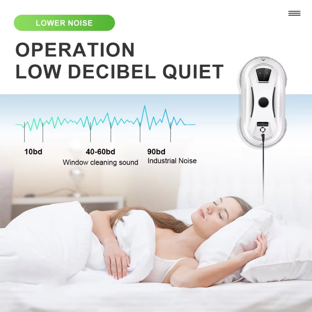 Woman sleeping in bed with a noise machine labeled 'Operation Low Decibel Quiet' on a white background.