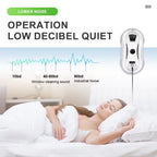 Woman sleeping in bed with a noise machine labeled 'Operation Low Decibel Quiet' on a white background.