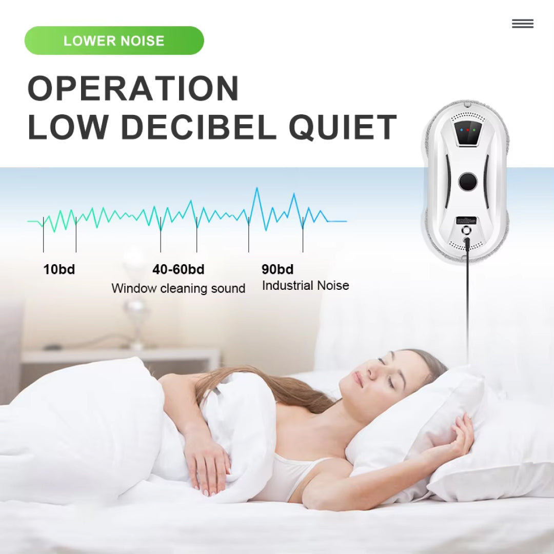 Woman sleeping in bed with a noise machine labeled 'Operation Low Decibel Quiet' on a white background.
