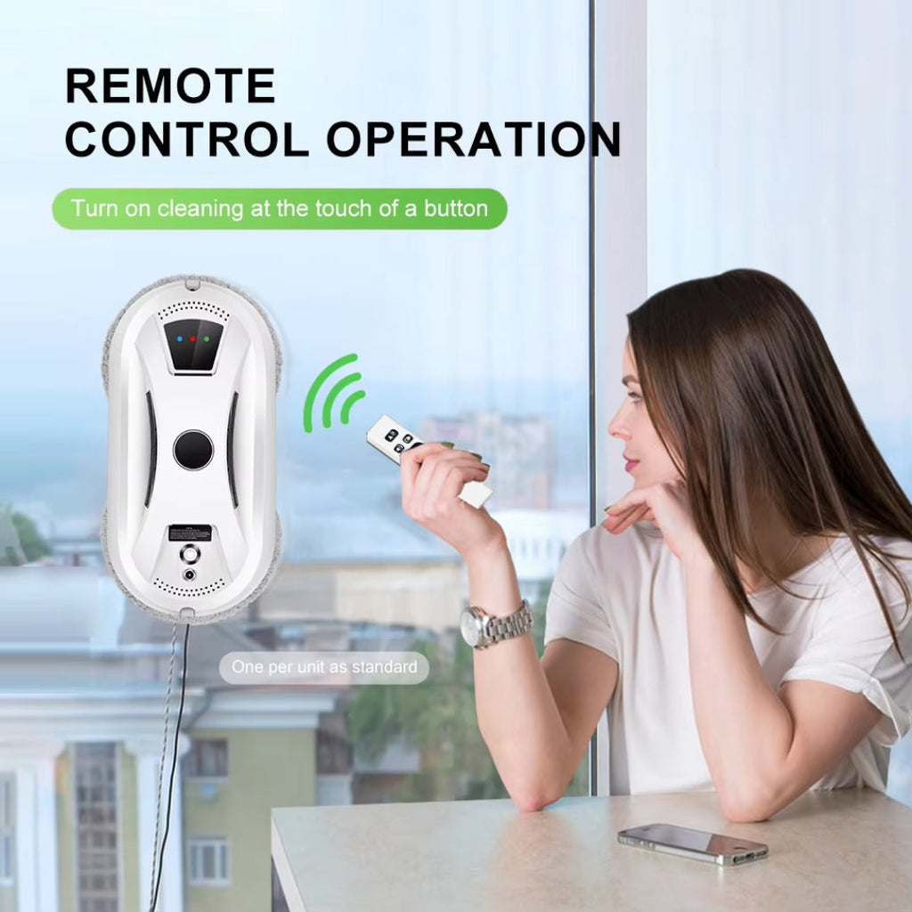 Woman using a remote control to operate a GlidePex Robot Window Cleaner device on a window, with text about remote control operation.