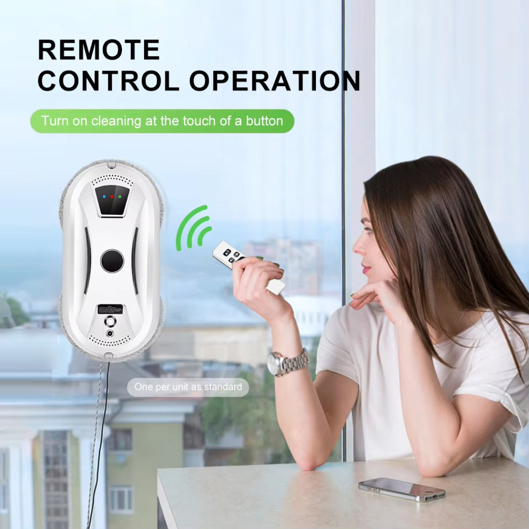 Woman using a remote control to operate a GlidePex Robot Window Cleaner device on a window, with text about remote control operation.