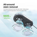 GlidePex Robot Window Cleaner with dual cleaning wheels and text about all-around stain removal on a light blue background.